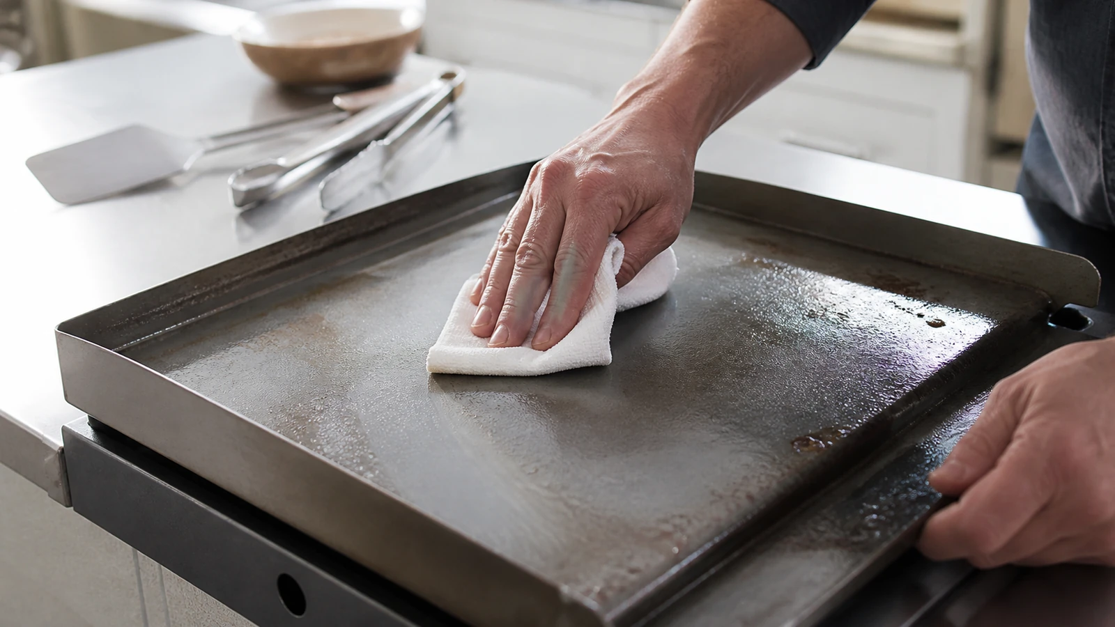 Illustration contextuelle de Entretenir le matériel de cuisson après des burgers