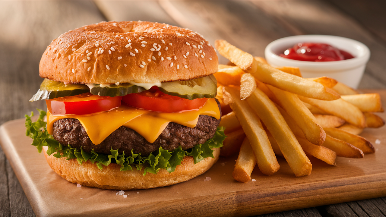 savourez notre burger au fromage fondant, accompagné de frites croustillantes dorées à la perfection. un délice incontournable pour les amateurs de bonne cuisine !