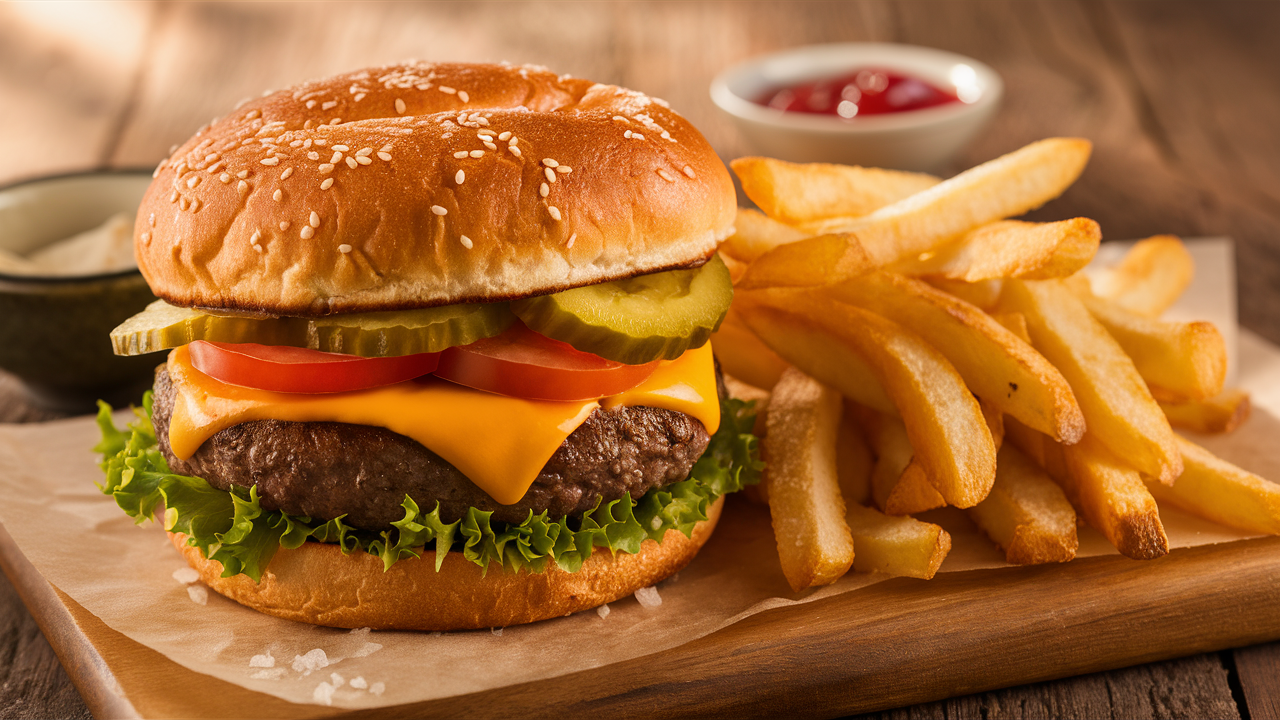 découvrez notre délicieux burger au fromage, juteux et savoureux, accompagné de frites croustillantes. un véritable régal pour les amateurs de cuisine gourmande!