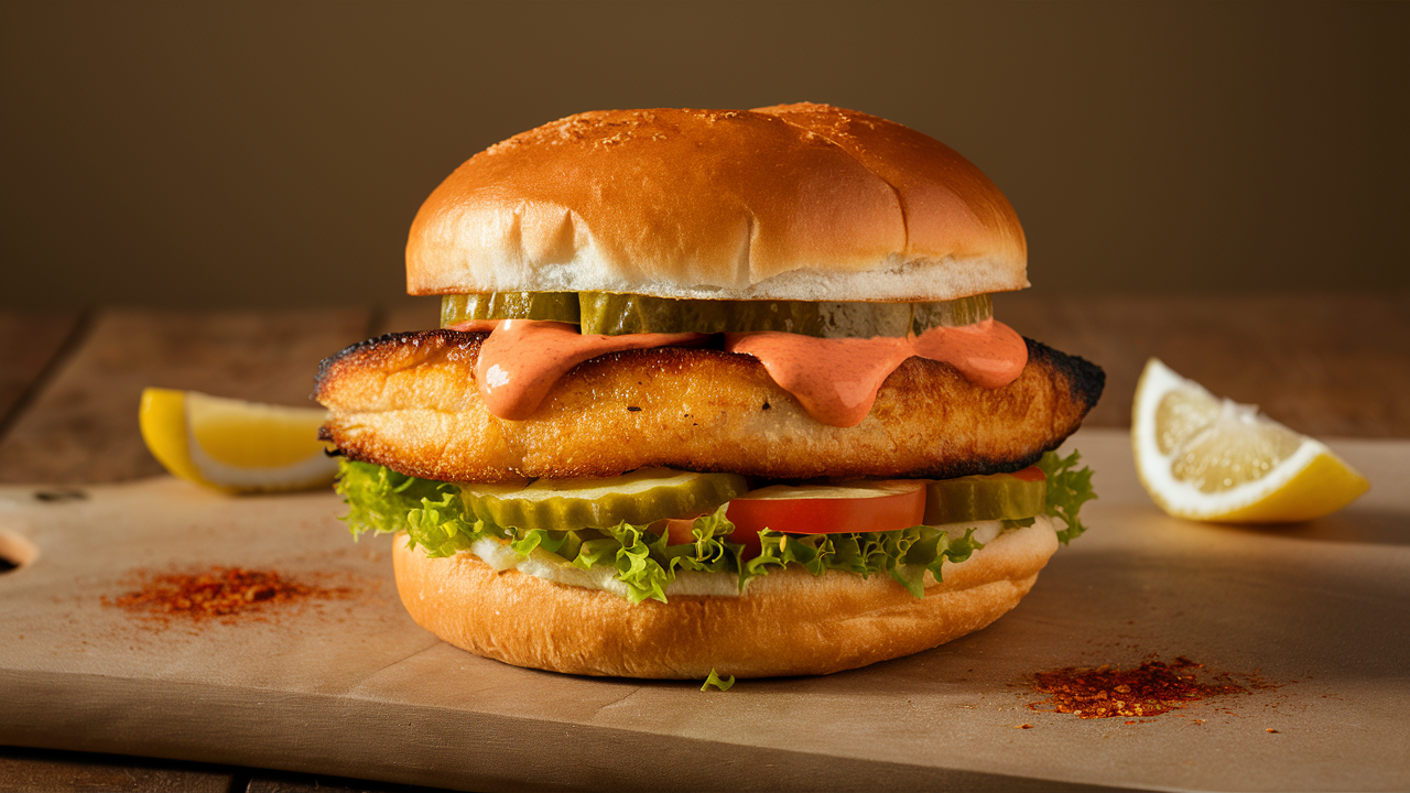 découvrez notre savoureux burger de poisson épicé, rehaussé d'une mayonnaise pimentée onctueuse. un délice marin qui éveillera vos papilles avec chaque bouchée, parfait pour les amateurs de sensations fortes!