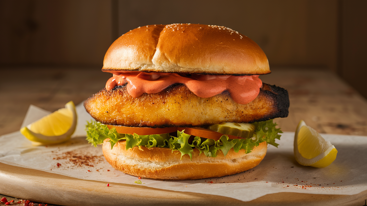 savourez notre burger de poisson épicé, une explosion de saveurs avec une délicieuse mayo pimentée. idéal pour les amateurs de sensations fortes, ce plat unique allie le goût frais du poisson à un mélange de spices irrésistibles. une expérience culinaire à ne pas manquer!