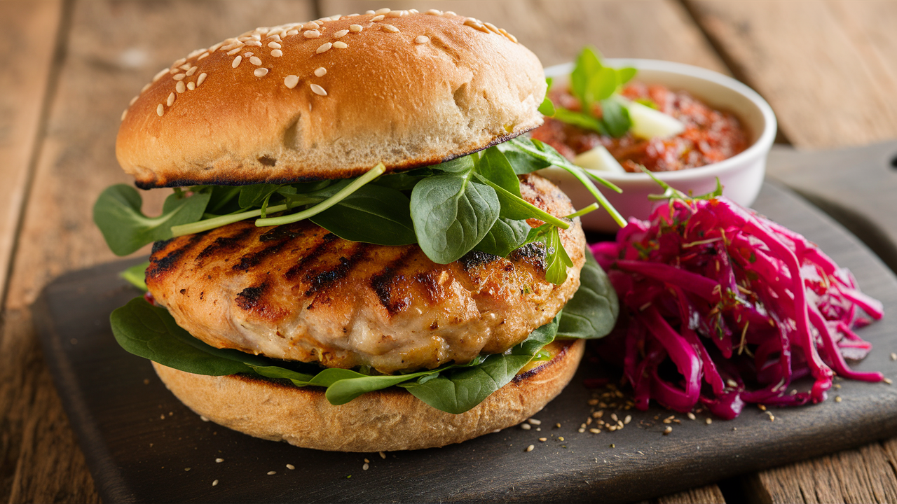 découvrez notre burger de poulet sain, garni de chou rouge mariné croquant. une combinaison parfaite de saveurs et de nutriments pour un repas savoureux et équilibré. idéal pour les amateurs de cuisine saine et gourmande.