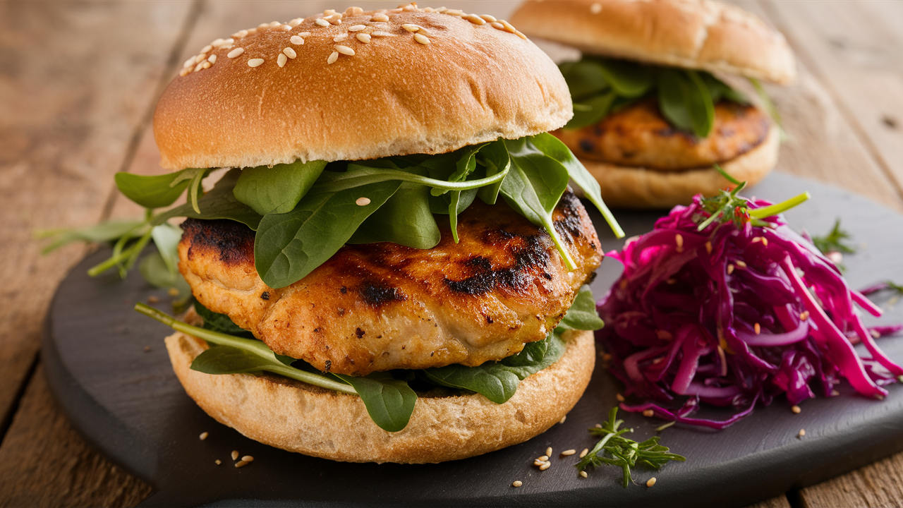 découvrez notre délicieux burger de poulet sain, garni de chou rouge mariné croquant. une combinaison parfaite de saveurs nutritives et gourmandes pour un repas équilibré et savoureux.