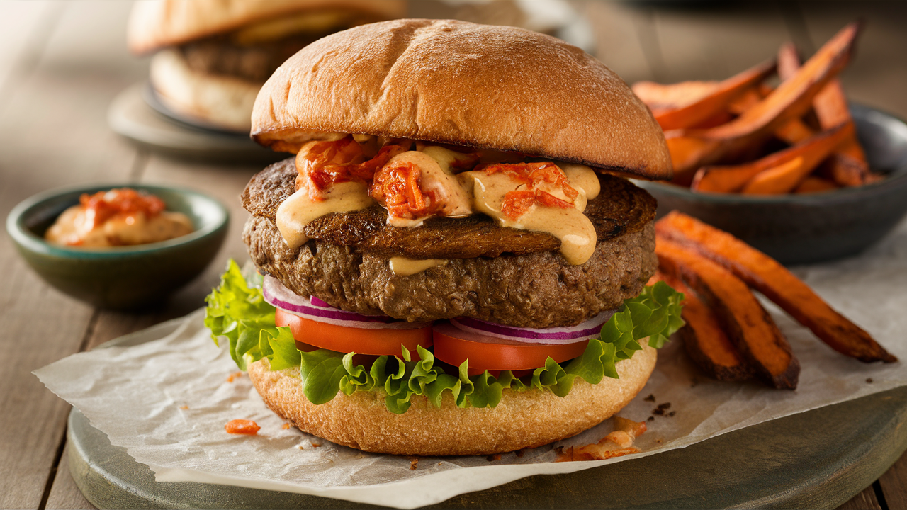 découvrez notre délicieux burger de shiitake et seitan, garni d'une mayo au kimchi épicée. une expérience végétale savoureuse qui réveille vos papilles avec un mélange audacieux de textures et de saveurs.