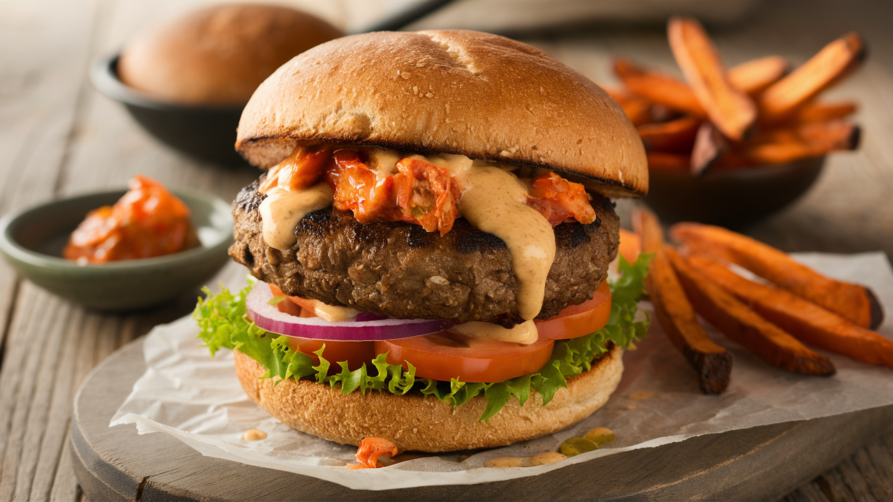 découvrez notre délicieux burger de shiitake et seitan, garni d'une mayonnaise au kimchi épicée. une alternative végétale savoureuse qui allie goût et originalité, parfaite pour les amateurs de cuisine inventive et saine !