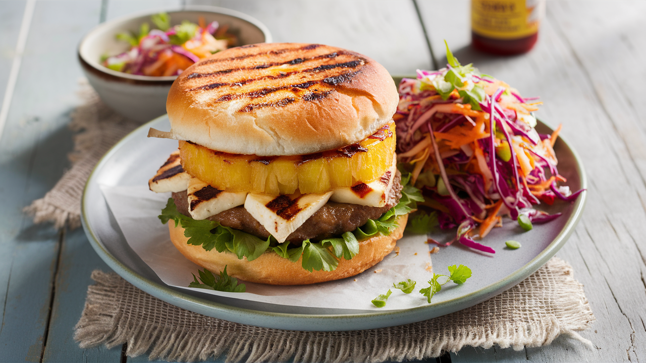 découvrez notre burger épicé au halloumi et à l'ananas, un savant mélange de saveurs audacieuses, servi avec une slaw pétillante qui rehausse chaque bouchée. idéal pour ceux qui cherchent à égayer leurs repas avec une touche tropicale et piquante !