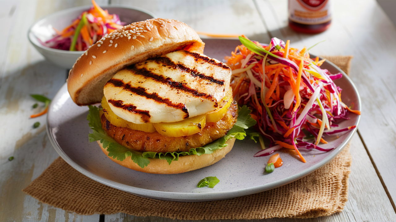 savourez un burger épicé au halloumi et à l'ananas, associé à une slaw pétillante qui réveille les papilles. un mélange audacieux de saveurs pour une expérience culinaire inoubliable!