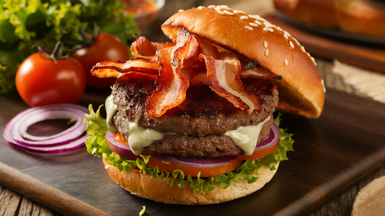 savourez un burger exceptionnel garni de bacon croustillant et de fromage bleu crémeux. cette délicieuse combinaison offre une explosion de saveurs qui ravira vos papilles à chaque bouchée. parfait pour les amateurs de cuisine gourmande!