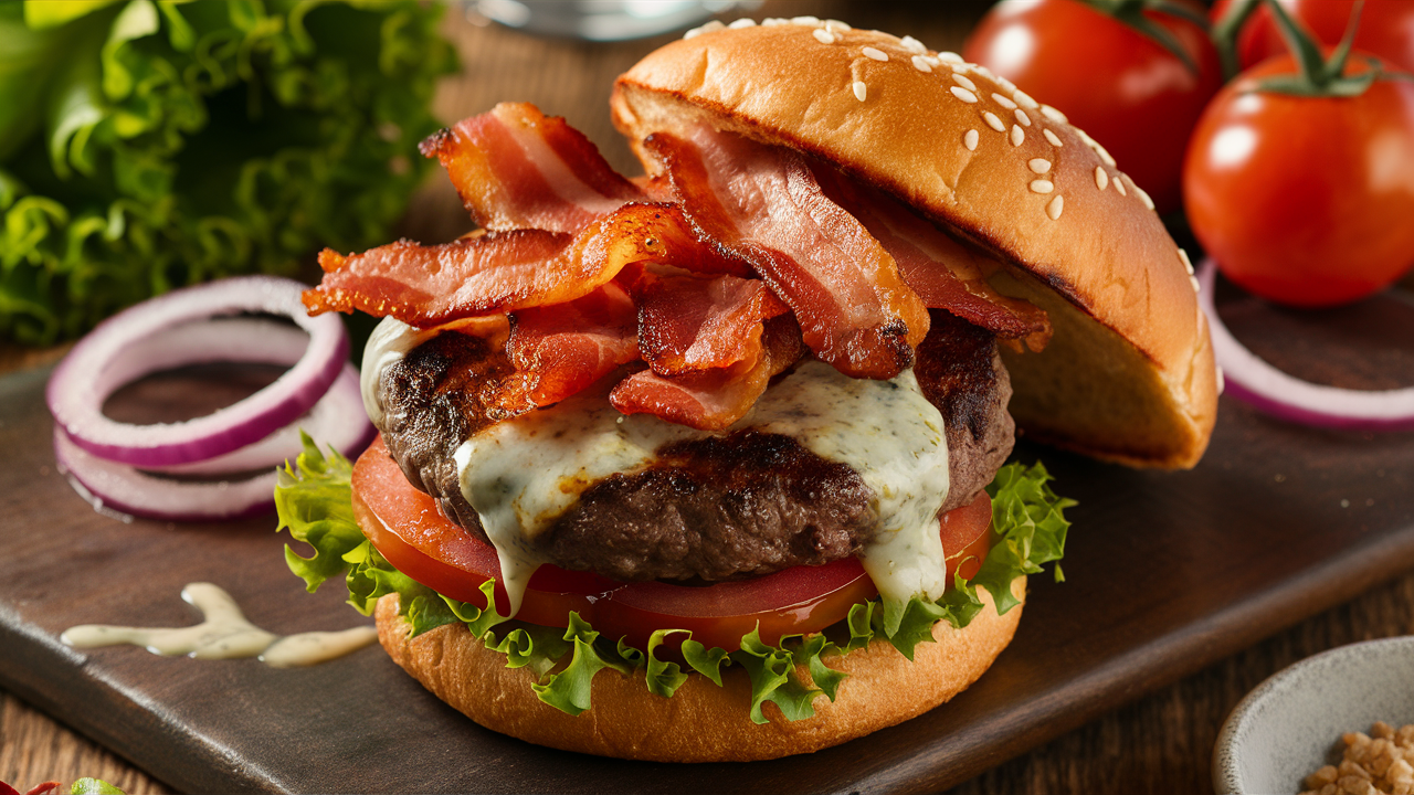 découvrez notre burger garni de bacon croustillant et de fromage bleu crémeux, une véritable explosion de saveurs qui ravira vos papilles. parfait pour les amateurs de sensations fortes, ce délice allie le goût fumé du bacon à la richesse du fromage bleu pour une expérience culinaire inoubliable.