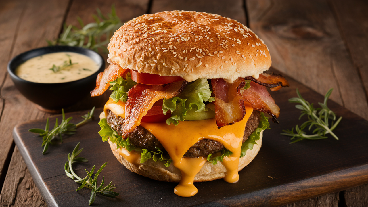 découvrez nos savoureux burgers cheddar blt, garnis de bacon croustillant et de laitue fraîche, le tout sublimé par une délicieuse sauce russe au tarragon. un régal pour les amateurs de burgers, alliant classique et originalité dans chaque bouchée.