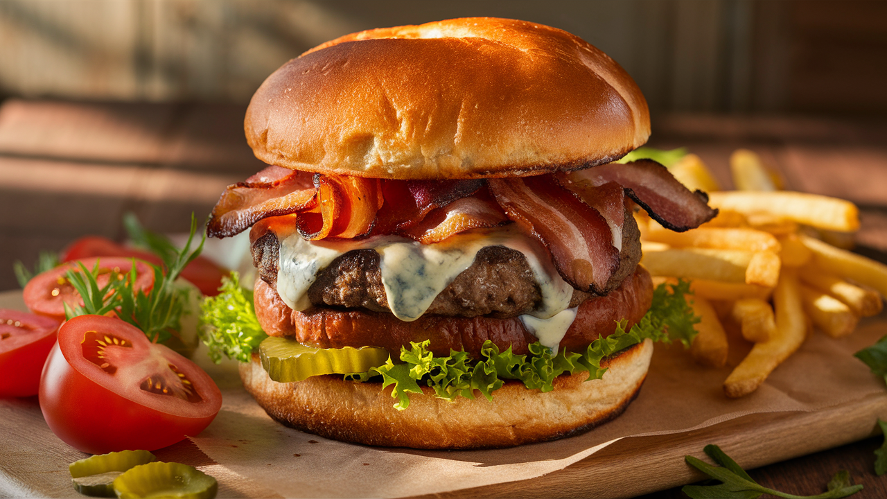 découvrez une explosion de saveurs avec nos burgers garnis de bacon croustillant et de fromage bleu crémeux. un mariage parfait qui ravira tous les amateurs de gourmandises irrésistibles !