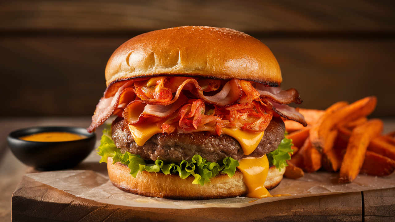 découvrez une expérience culinaire unique avec nos burgers au bacon et kimchi, alliant le croustillant du bacon au piquant du kimchi. une fusion gourmande qui éveillera vos papilles et rehaussera vos repas. idéal pour les amateurs de nouvelles saveurs!