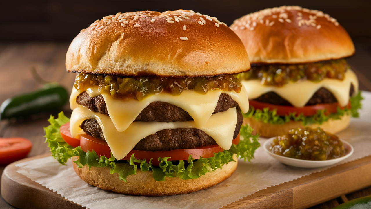 découvrez notre succulent burger aux deux fromages suisses fondants, rehaussé d'une relish de piment vert piquant. un délice savoureux qui éveillera vos sens à chaque bouchée !