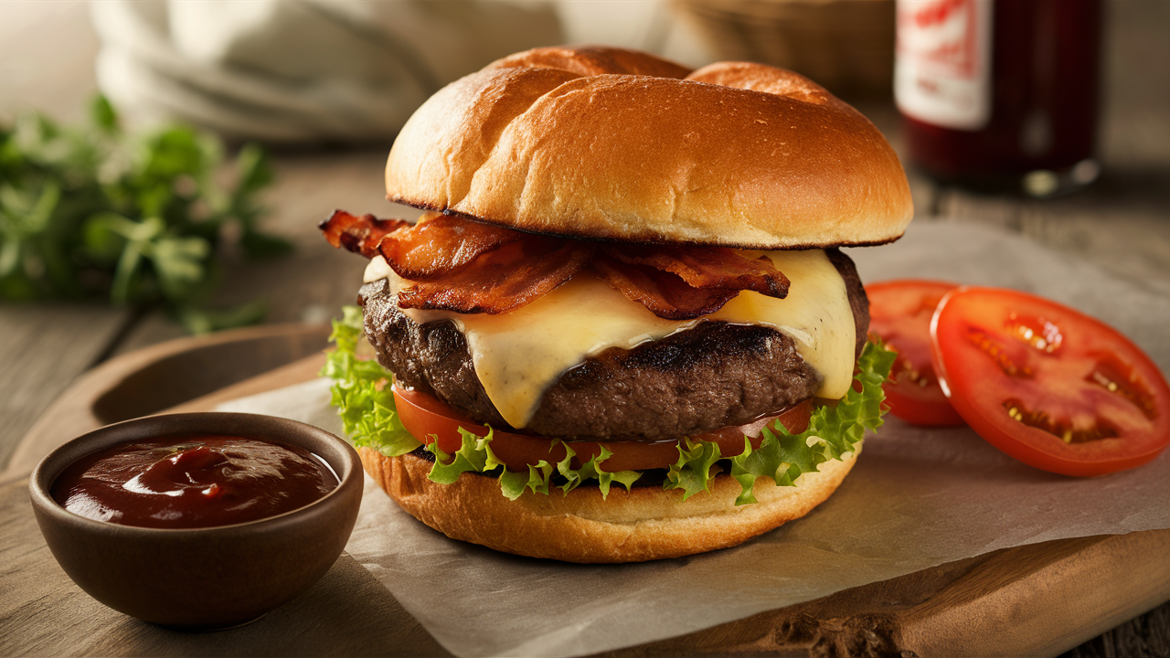 découvrez des burgers savoureux garnis de gouda fumé et de bacon croustillant, accompagnés d'une délicieuse sauce barbecue qui rehausse chaque bouchée. un délice pour les amateurs de barbecue et de fromage!