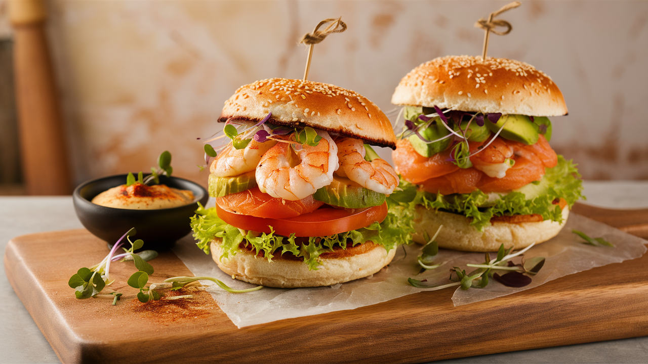 savourez nos délicieux burgers de crevettes et de saumon, garnis d'une mayonnaise épicée qui rehausse le goût de la mer. une expérience culinaire fusionnée idéale pour les amateurs de fruits de mer !