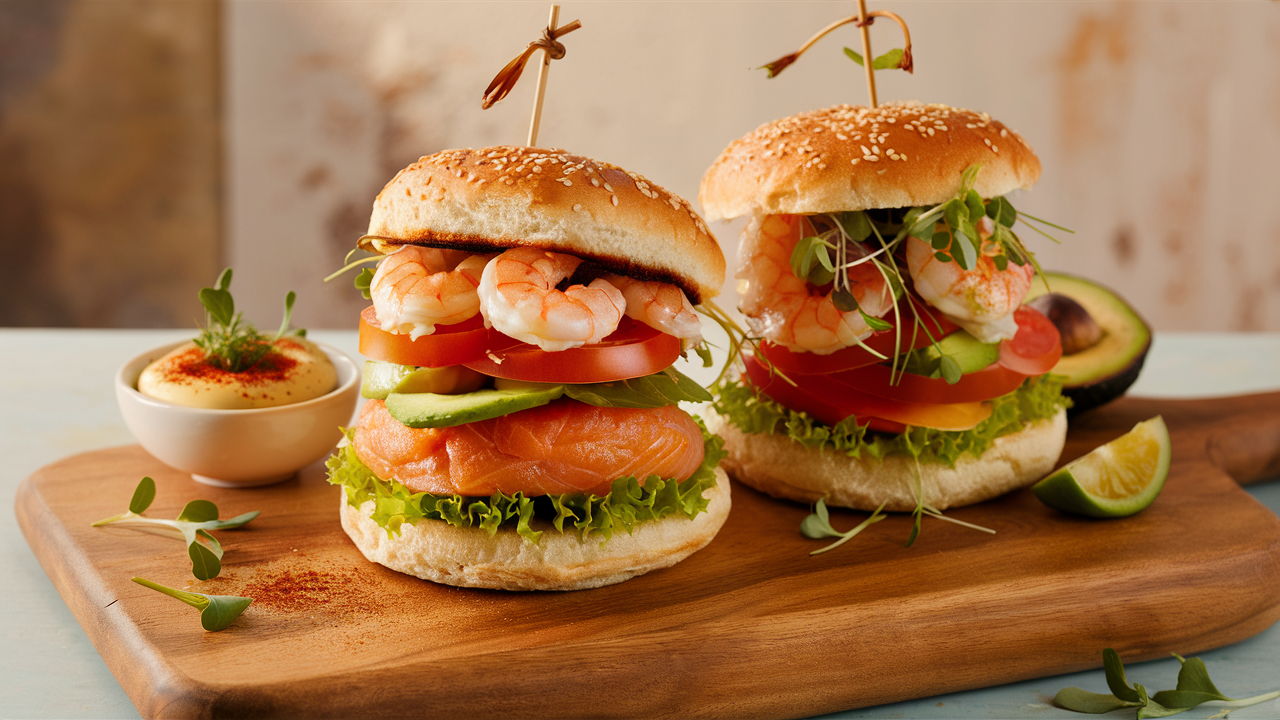 dégustez nos savoureux burgers de crevettes et de saumon, rehaussés d'une mayonnaise épicée qui apporte une touche de piquant. idéaux pour un repas original et gourmand, ces burgers marient la fraîcheur des fruits de mer à une sauce délicieusement relevée, pour une expérience culinaire inoubliable.