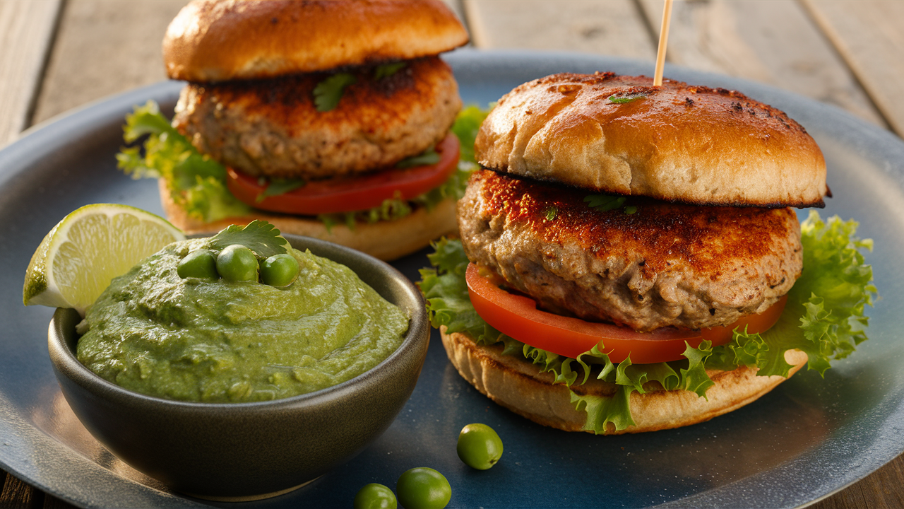 découvrez nos délicieux burgers de dinde épicés, servis avec une onctueuse guacamole de pois. une alliance parfaite de saveurs et de fraîcheur, idéale pour vos repas gourmands et sains.