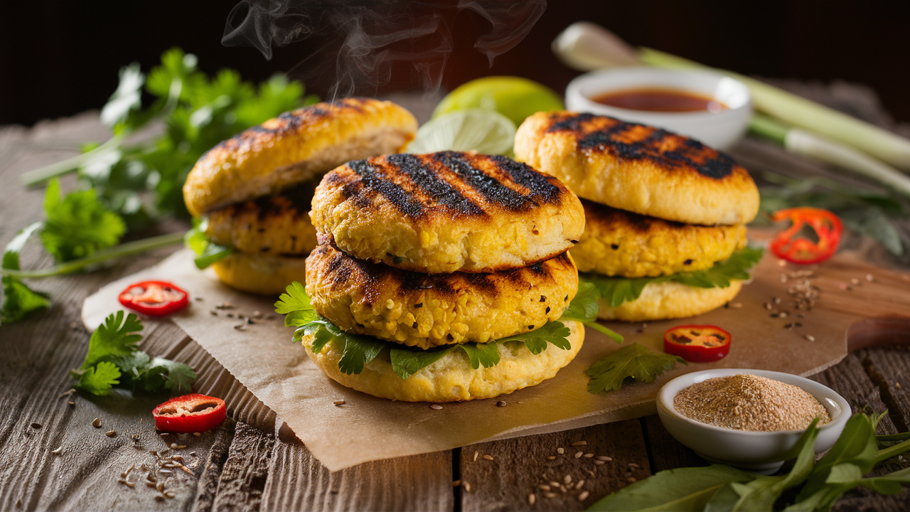 découvrez nos savoureux burgers de maïs sucré, rehaussés d'épices thaïlandaises qui éveilleront vos papilles. une fusion parfaite de douceur et d'exotisme, idéale pour un repas végétarien plein de goût.