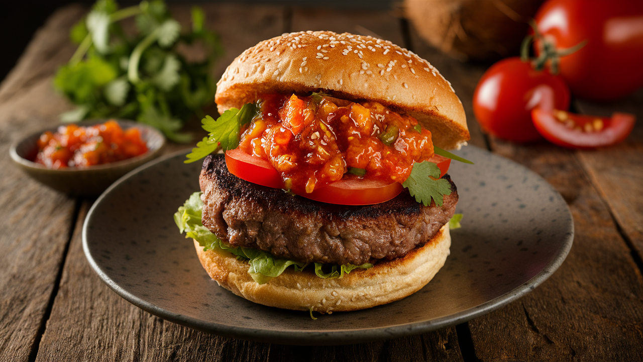 découvrez des burgers de porc savoureux, garnis d'une relish thaïlandaise rafraîchissante à la tomate et à la noix de coco. une explosion de saveurs exotiques qui sublimeront vos repas !