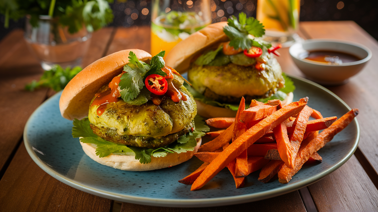 découvrez nos savoureux burgers de saumon vert thaï, parfaitement assaisonnés, accompagnés de croustillantes frites de patate douce. une fusion de saveurs inoubliable qui ravira vos papilles !