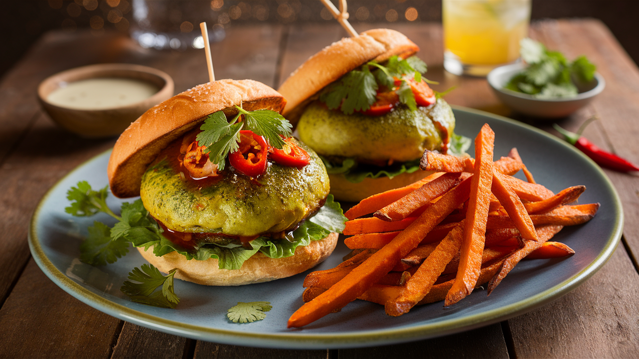 savourez des burgers de saumon vert thaï délicieux et originaux, accompagnés de frites croustillantes de patate douce. un plat plein de saveurs qui allie fraîcheur et gourmandise, idéal pour une pause déjeuner ou un dîner entre amis.