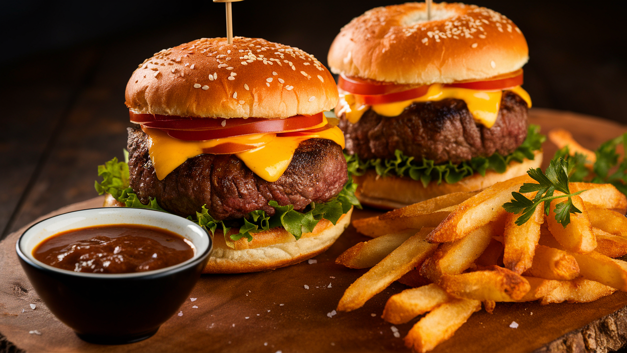 savourez nos délicieux burgers de steak, parfaitement grillés et accompagnés d'une sauce au poivre onctueuse à tremper. idéals pour un repas gourmand, ces burgers allient qualité et goût inégalé. découvrez l'harmonie parfaite entre la viande juteuse et la sauce savoureuse.