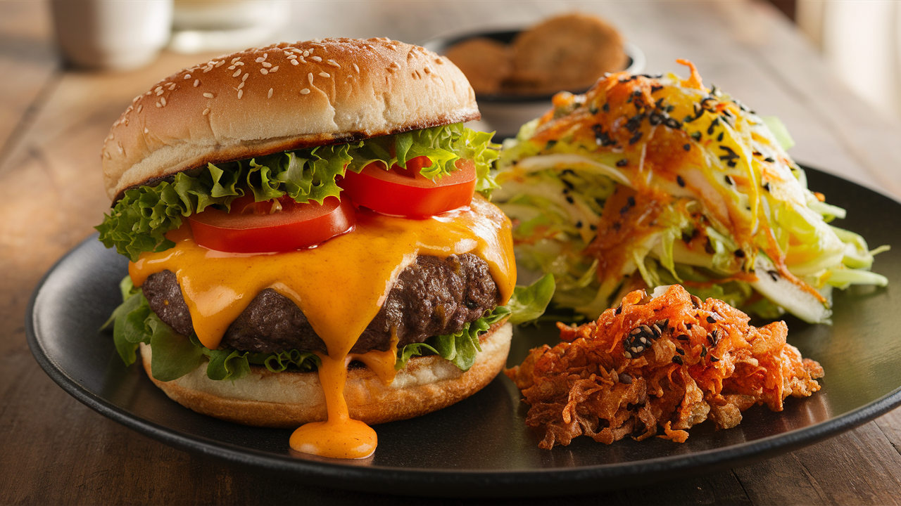 savourez l'expérience unique de nos burgers farcis au cheddar, délicatement accompagnés de chou mariné croquant et d'échalotes frites dorées. un régal pour les amateurs de saveurs et de textures dans chaque bouchée !