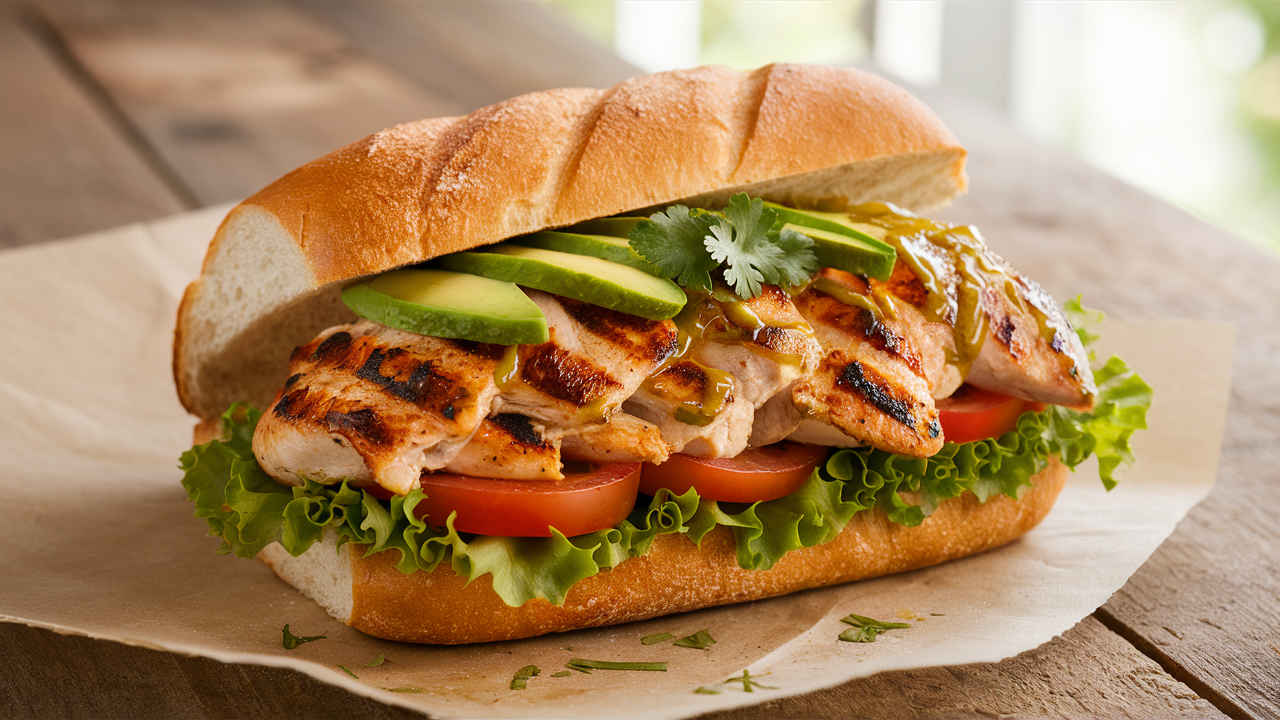 découvrez notre délicieux sandwich au poulet mariné au citron vert et piment, alliant la fraîcheur acidulée du citron vert à une touche épicée. une expérience culinaire unique qui éveillera vos papilles !